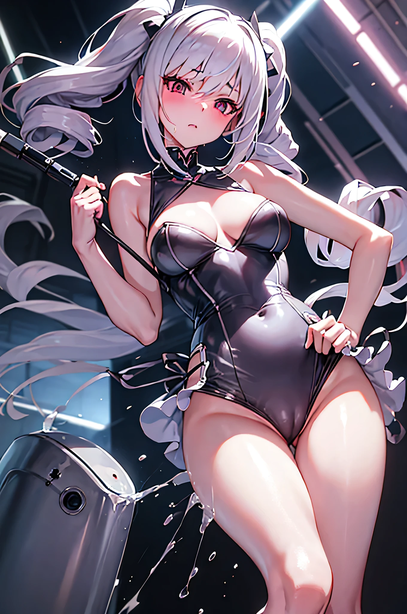 silver hair twin drill, Hands and feet bound by machinery, Blindfold, Spread your legs in an M shape, Electric massager applied to the groin, blush, Drooling, Underarm