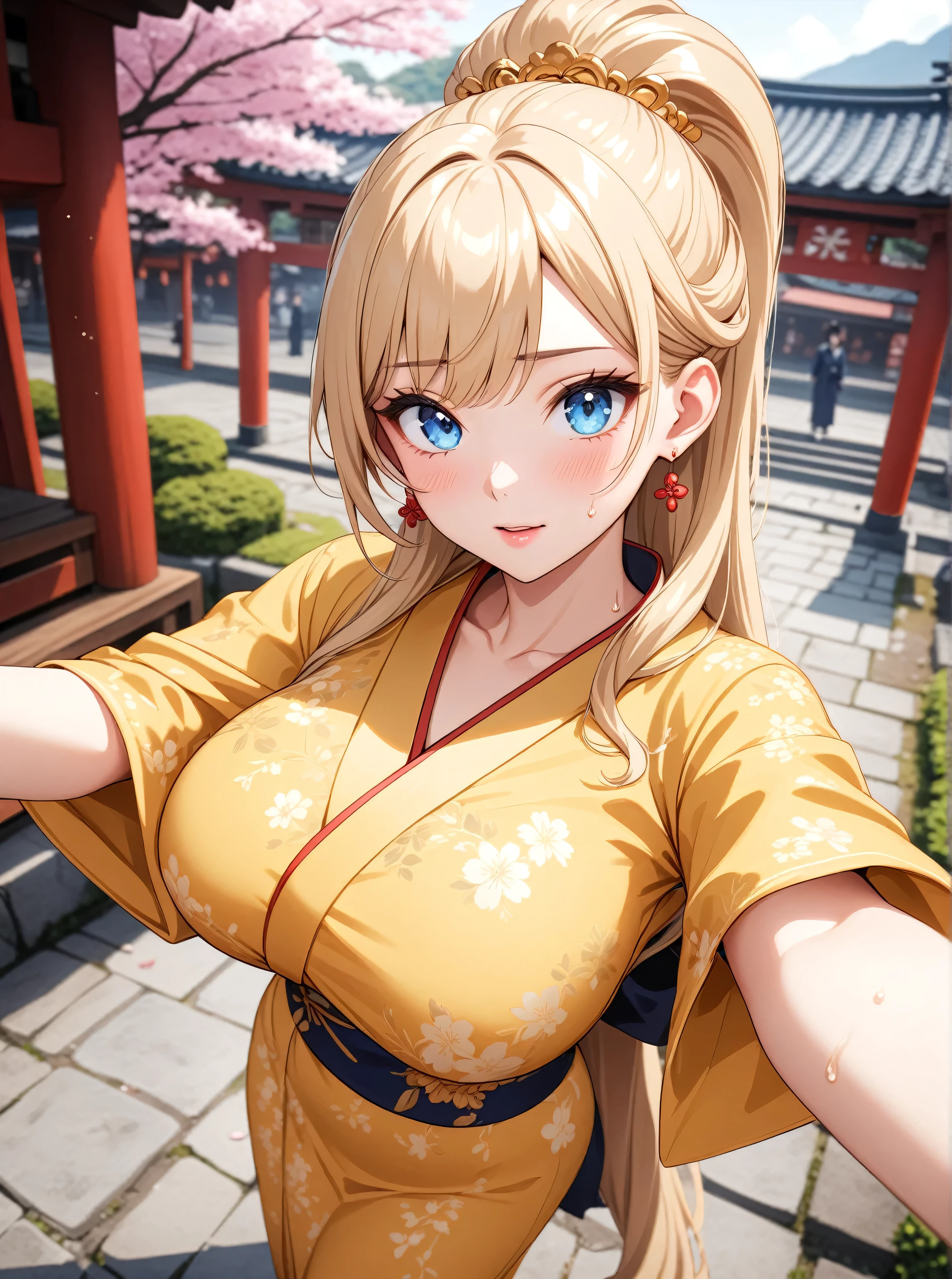 ((One personの女性)), Beautiful Face,My face turns red with embarrassment,(Taking a selfie with my boyfriend on my smartphone),Surprised,Sweat on the face,Glossy pink lips,Daytime,Shrine Festival, ((Anime style background)),masterpiece, Highest quality, so beautiful, Latest, Complex details, (Pink long nails),AI-generated, Complex,High resolution, Highest quality, super high quality,3D Images、View your viewers、3D Images,One person,Long blonde hair,High Ponytail,blue eyes,Anime woman posing for a photo, [[fine grain、Colorful eyes、Shining Eyes:1.15]],a hyperRealistic , hyperRealistic , Realistic,Blonde anime woman with long hair, Smooth anime CG art, A woman wearing a kimono with gold embroidery, (Yellow kimono),Pink floral pattern,Long flower hair ornament,Big earrings,(Large Breasts:1.2),Mature Body,expensive,Big Ass,The finer details,Tight waist,Six Pack,Photographed from diagonally above,Looking into the camera