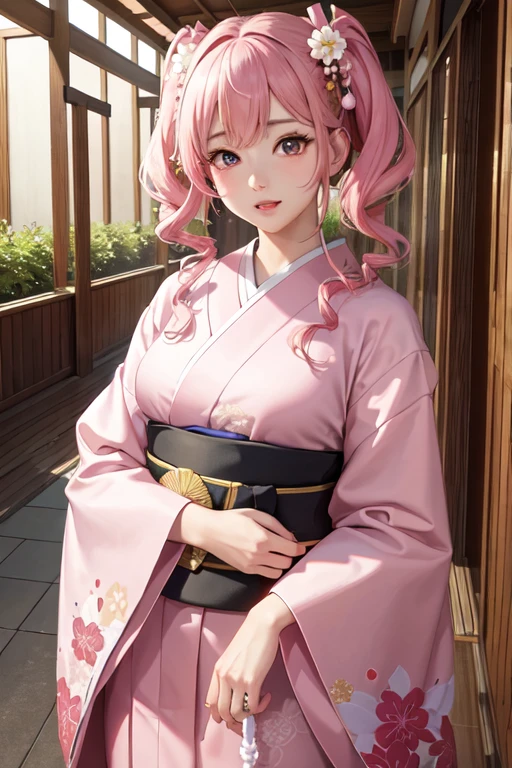 masterpiece, Highest quality, Very detailed, High resolution, expensive resolution, High resolution, 4K, 8k, Unity 8k wallpaper, Extremely detailed CG, masterpiece, 2D, 3d, Beautiful details, depth, Fine texture, Highest quality: 1.3, Perfect focus, Crispy skin, he, Very cute anime, wearing a Japanese fancy floral haori hakama, expensive pink twin tail hair, , looking at the viewer, expensive, blush, Mole, Open your lips, Pink Eyes,an anime girl with pink twin-tailed hair wearing a Japanese kimono a,Love horoscope,mysterious,front,Looking at this,spiritual, Lots of flowers behind, many flowers behind