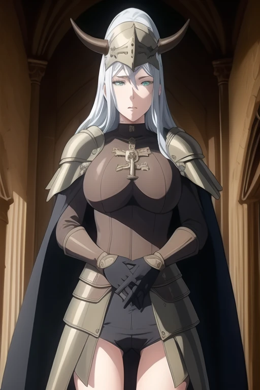 (high quality:1.2), intricate detailed, colorful,
VanessaCromwell, 1girl, mature female, solo, cowboy shot,
looking at viewer, determined,
white hair, long hair, green eyes,
armor, breastplate, shoulder armor, bodysuit, horned helmet, gloves, cape, cloak, (cape covering her body 1.2)
large breasts, 
Room, standing 
 