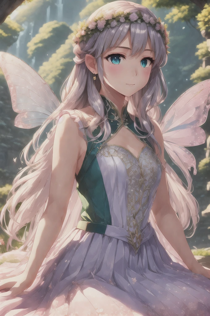 beautiful, Fairy, Transparent fairy wings, transparent, Transparent, of gold, Silver Crown, Flower Fairy, Overall image, Soft Light, Fairy Queen, light smile, earrings, glowing eyes, flower-shaped pupils, longeyelashes, pupils sparkling, purple eyes, aqua eyes, crown, jewelry, feather hair ornament, flower on head, head wreath, butterfly hair ornament, white hair, curly hair, long hair, very long hair, doughnut hair bun, floating hair, crystal hair, expressive hair, shiny hair, absurdly long hair, Hyperrealism, sparkle, Fujifilm, Sony FE, UHD, masterpiece, accurate, anatomically correct, textured skin, super detail, high details, high quality, award winning, 8k, HD, HD, 4K, highres,pink,very transparent,