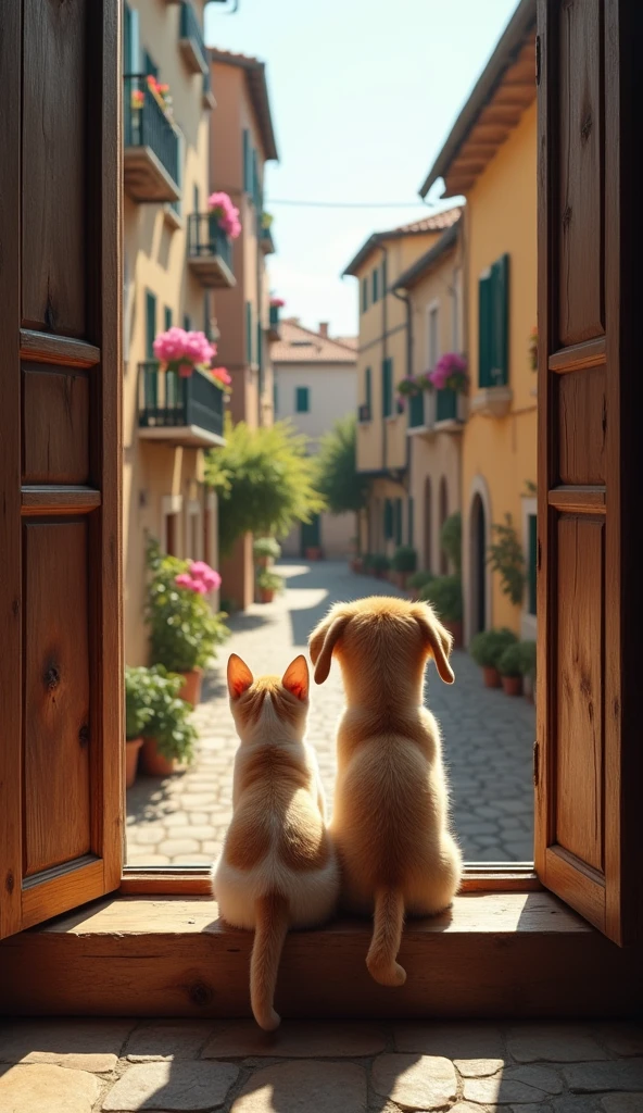 masterpiece,best composition,photo realistic,old Italian house,puppy and kitten sitting on window sill looking out,cute back,cute tail,old Italian city view from window,big wooden window,window closed,beautiful details and colors.