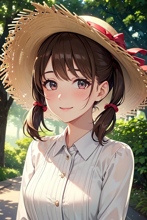 Yumi Fukuzawa、Shiny brown hair,Medium Hair, 、(( , Twin tails、)),Beautiful brown eyes、Sparkling eyes, fine grain、smile、Very fine eye、Very detailed顔, 非常にDetailed eyes,Cowboy Shot、

(Photorealistic:1.4, 8k), 最high quality, masterpiece, 超High resolution, Perfect dynamic composition,最high quality, Very detailed, Very delicate and beautiful, High resolution, Very detailedCG, masterpiece,
(high quality, High resolution, The finer details), A woman wearing a straw hat walking along a tree-lined street, Elegant straw hat, loose fitting dress, Gentle sunlight, Rays of light penetrating the branches, A road lit by sunlight, Vibrant nature, Breeze, alone, Curvy Women, Sparkling eyes, (Detailed eyes:1.2), smile, blush, Sweat, Oily skin, Shallow depth of field