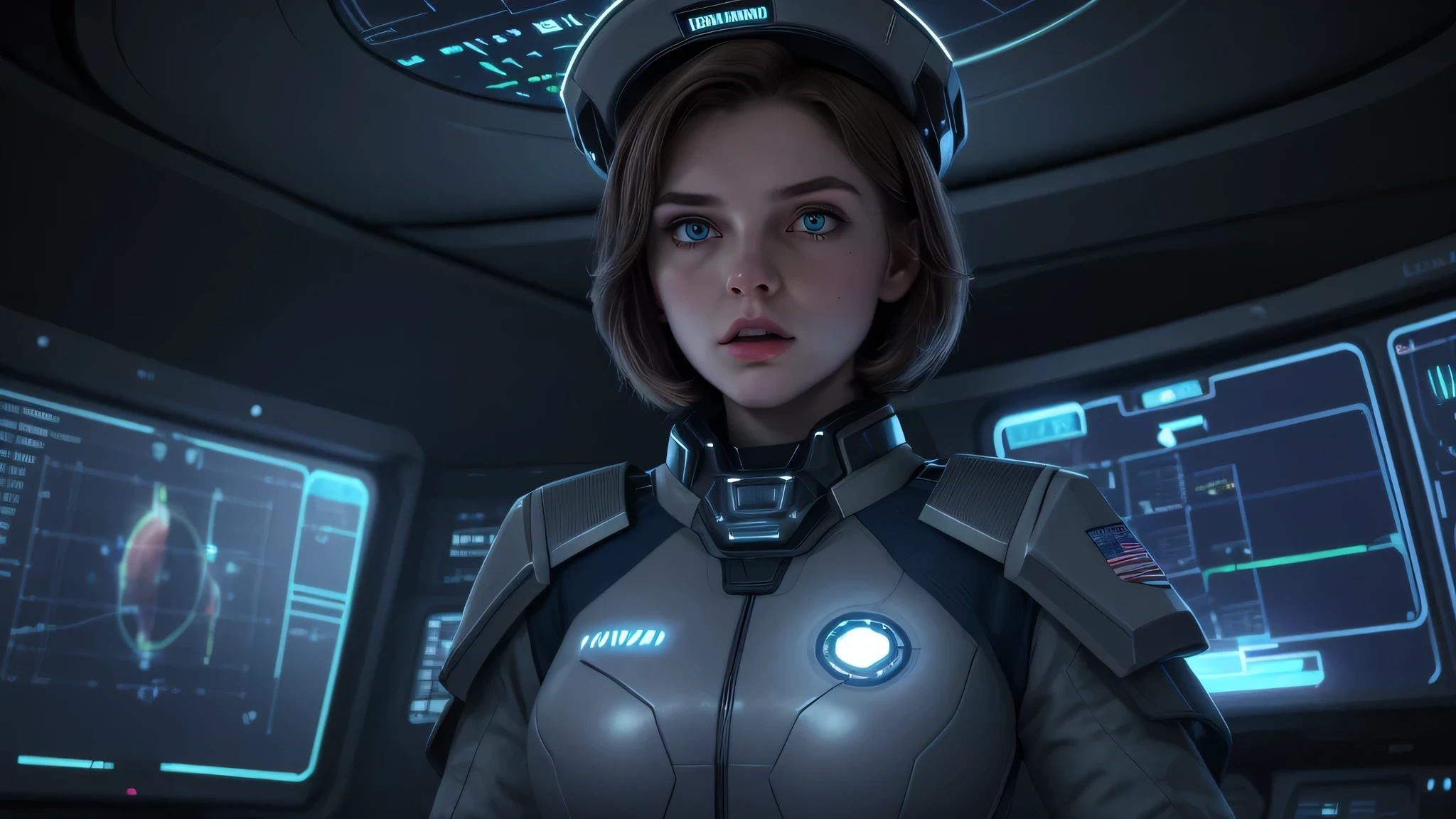 A determined woman stands confidently at the helm of a futuristic spacecraft's command center, her short brown hair framing her focused expression. Her piercing green eyes are fixed on the stars visible through the large viewing screen in front of her. She wears a fitted, dark gray and navy-blue space uniform with silver accents, signifying her high rank. The soft ambient lighting of the command center highlights the advanced holographic displays surrounding her, reflecting her unwavering concentration.