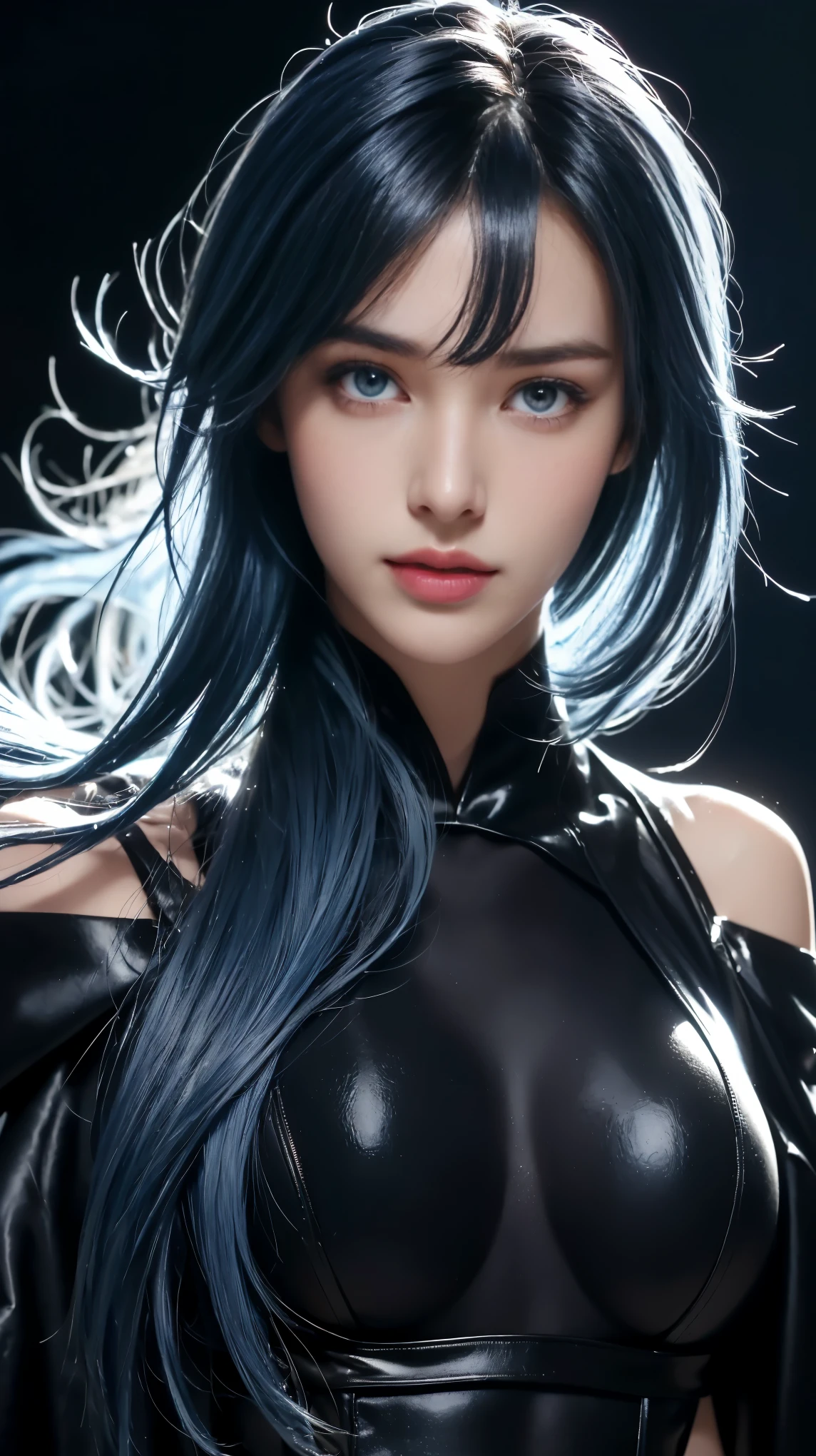 8K, Top Quality, Intricate Details, Ultra Detail, Ultra High Resolution, Masterpiece, (, portrait), ((close up shot, face shot, close up shot, portrait, face shot, passport shot, very close up shot, )), (full body: 1.1), Slender, Smile, (Makeup: 0.4), ((sexy pose,)), (Fluffy blue Eyes: 1.21), (()), 1girl, solo, 1 girl, ((bangs, blue hair, bangs, , bangs )), close up shot, , ((tall)), (((fit body))), (((slim face))), sharp face, ((, wind blow hair, )),skin tight suits, ((,bare shoulder, skin tight suits,) ,skin tight suits, (detailed face), sharp face, small lips, perfect hands, ((walking pose, walk pose)) , ((,walk pose, walking pose ,)), , ((cleavage, ,)),, detailed face, detailed breast,, huge breast , (()), detail ass, Narrow Waist, Skinny, tall , 175 cm tall, Muscular, Navel, Exposed Abdomen, Pointed Chest,, Beautiful girl with accentuated slender abs: 1.4, Six Pack Abs: 1.4, Bust Botox, Big, Perfect Body, detail leg, (( dark background)), black background,