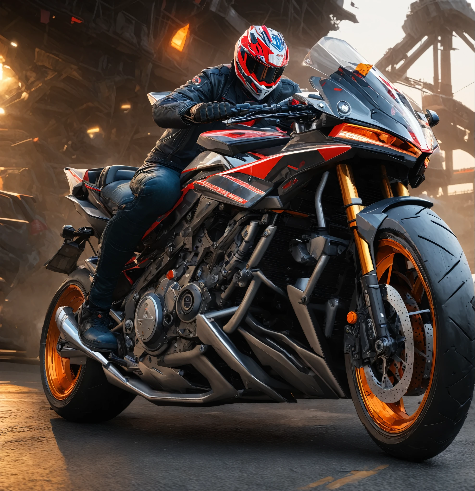 arafed motorcycle rider in a black leather jacket and helmet riding a motorcycle, riding a futuristic motorcycle, 坐在赛博朋克motorcycle上, daniel maidman octane rendering, photo realistic octane render, motorcycle, futuristic motorcycle, Octane rendering - N6, Realistically detailed octane rendering, Portraits, final octane render, 8k Octane comprehensive rendering, 8k Octane Rendering, 8 k octane render