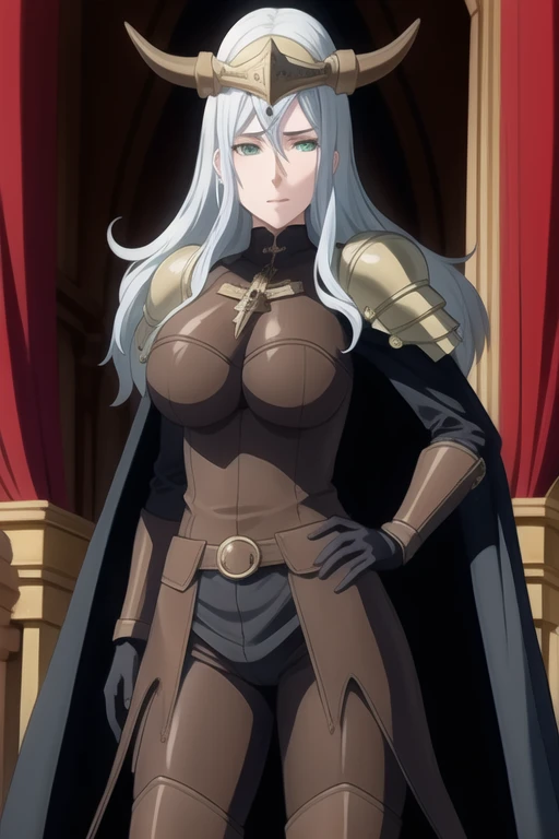 (high quality:1.2), intricate detailed, colorful,
VanessaCromwell, 1girl, mature female, solo, cowboy shot,
looking at viewer, determined,
white hair, long hair, green eyes,
armor, breastplate, shoulder armor, bodysuit, horned helmet, gloves, cape, cloak, (cape covering her body 1.2) arms under her cape
large breasts, 
Room, standing 
 