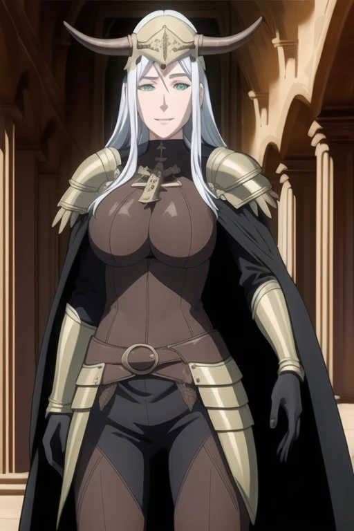 (high quality:1.2), intricate detailed, colorful,
VanessaCromwell, 1girl, mature female, solo, cowboy shot,
looking at viewer, determined,
white hair, long hair, green eyes, smile 
armor, breastplate, shoulder armor, bodysuit, horned helmet, gloves, cape, cloak, (cape covering her body 1.2)
large breasts, 
Room, standing 
 