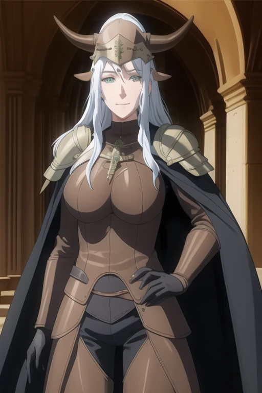 (high quality:1.2), intricate detailed, colorful,
VanessaCromwell, 1girl, mature female, solo, cowboy shot,
looking at viewer, determined,
white hair, long hair, green eyes, smile 
armor, breastplate, shoulder armor, bodysuit, horned helmet, gloves, cape, cloak, (cape covering her body 1.2)
large breasts, 
Room, standing 
 