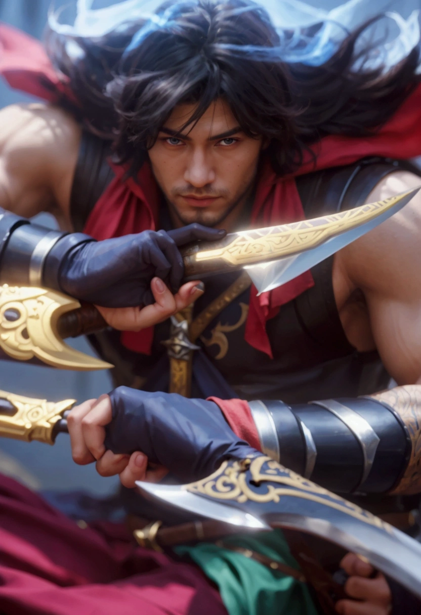 a close up of a handsome boy holding a sword and a sword, artgrem, lam ascension pendekar, extremely detailed artgerm, realistic