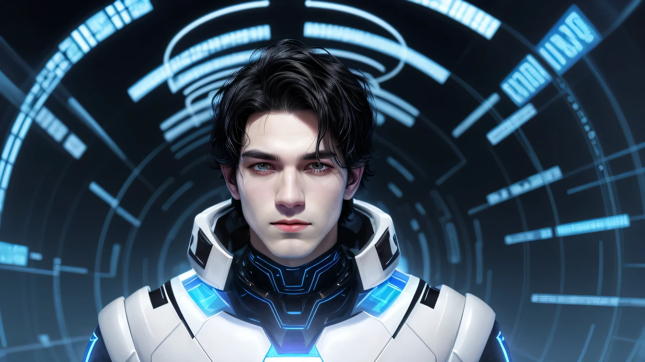 A man with slightly disheveled black hair and pale skin, focused intensely on a series of holographic screens in front of him. His light brown eyes are locked on the data, which shows complex graphs and fluctuating energy patterns, indicating a growing anomaly. The futuristic lab environment is filled with a soft glow from the screens, reflecting off his white uniform with blue and silver details, signifying his scientific role. His expression is serious, with a deep furrow in his brow, as he speaks urgently without looking up, emphasizing the gravity of the situation.