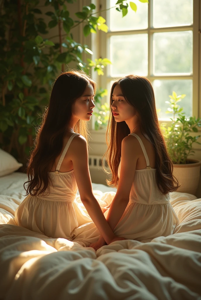 (photorealism:1.2), beautiful girls, sitting on bed, wearing nothing, long straight hair, indoors, soft lighting, plants in background, window with sunlight, cozy room, relaxed pose, realistic, intricate details, warm colors, by Greg Rutkowski, by Alphonse Mucha