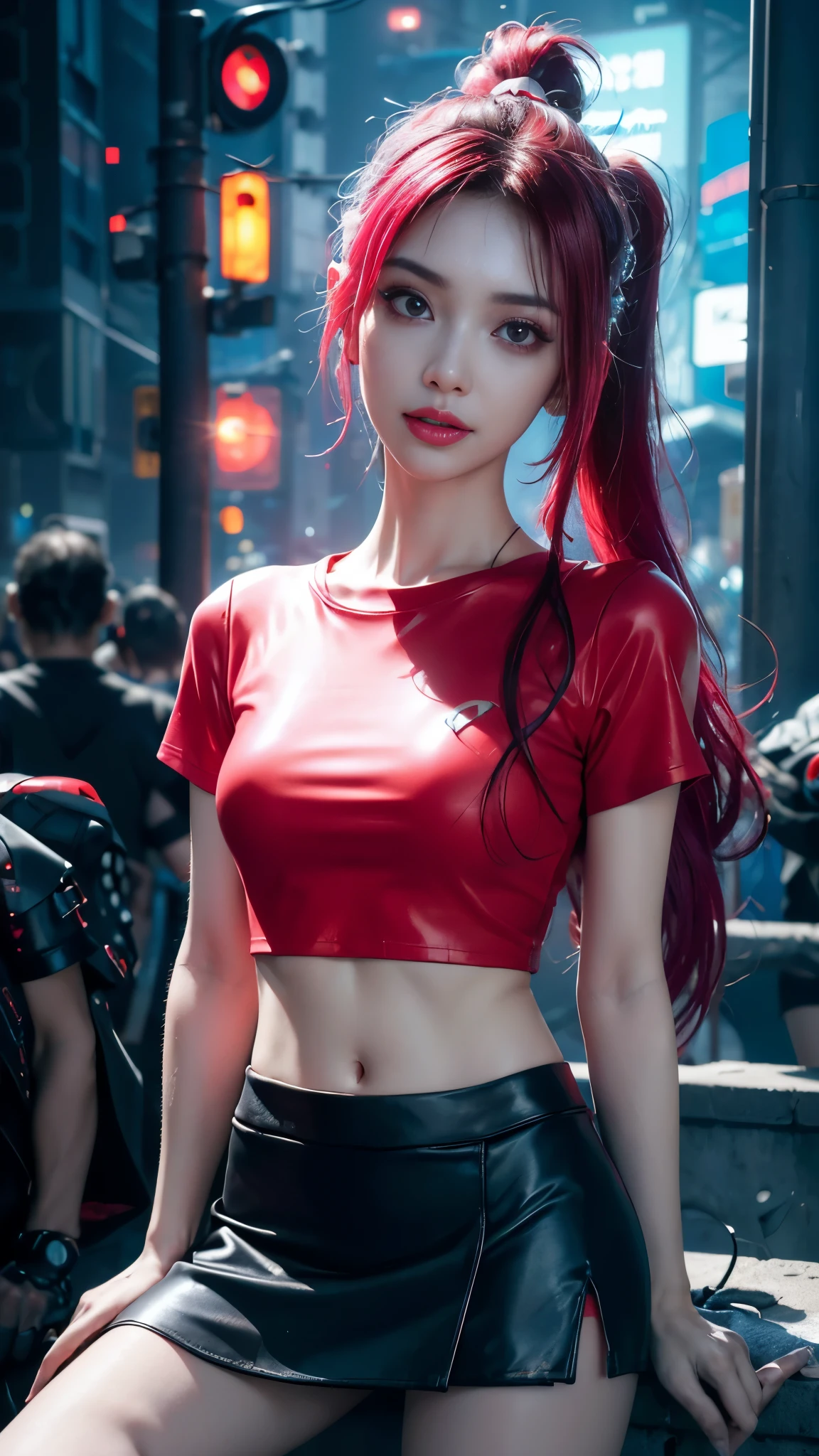 8k, UHD, masterpiece, 1 girl, ((good face)), very long hair, light makeup, (white skin:1.2), detailed eyes, detailed lips, small bust, simple cyberpunk clothing, ((neon red t-shirt)), ((mini skirt)), (cyberpunk lighting:1.4), ((building)), light effect, light reflection, cyberpunk, cybercity, futuristic, (night), ray tracing, bloom, perfect pose,