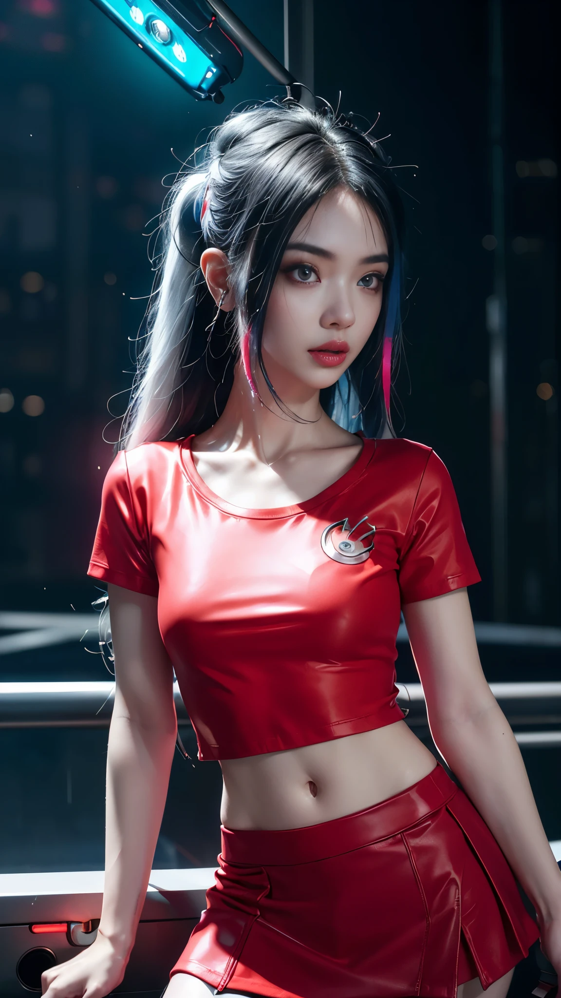 8k, UHD, masterpiece, 1 girl, ((good face)), very long hair, light makeup, (white skin:1.2), detailed eyes, detailed lips, small bust, simple cyberpunk clothing, ((neon red t-shirt)), ((mini skirt)), (cyberpunk lighting:1.4), ((building)), light effect, light reflection, cyberpunk, cybercity, futuristic, (night), ray tracing, bloom, perfect pose,
