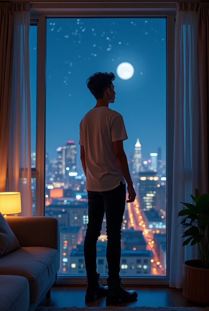 Generate a 19 year old boy wearing black pants, white t-shirt and ankle boots, and he is in a room where there is a sofa and behind it a window overlooking a night city