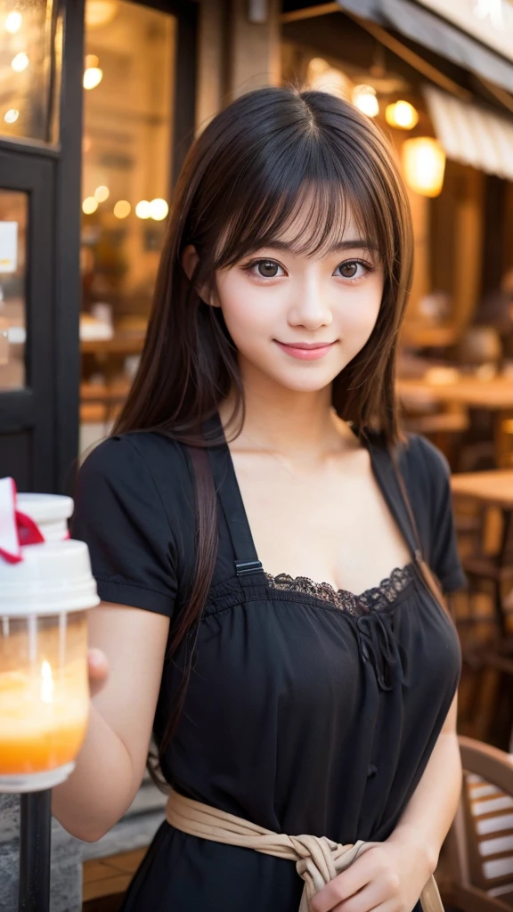 Cute girl working at a cafe terrace　Japanese　１９age　
Professional Lighting　Digital SLR　Beautiful and elaborate face　Perfect and beautiful face　Big eyes Smile