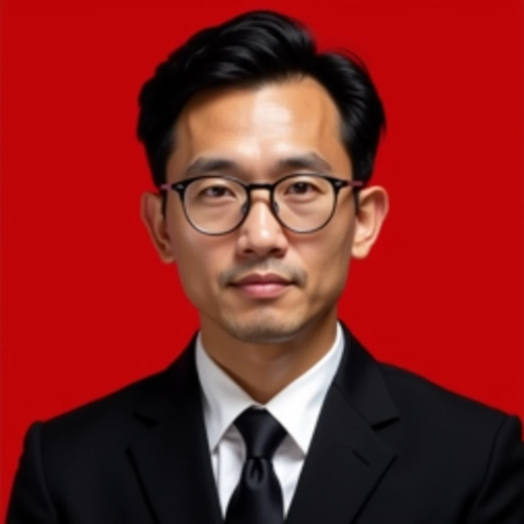 A professional potrait of a indonesian man 40 years old , oval face and Middle parted hairstyle , wearing glasses , wearing black suit , white shirt , black tie , he looking against a solid red background , looking directly at the camera wiht a neutral expression , simetris , the lighthing is even , highlighthing the formak and clean appearance of the subject
