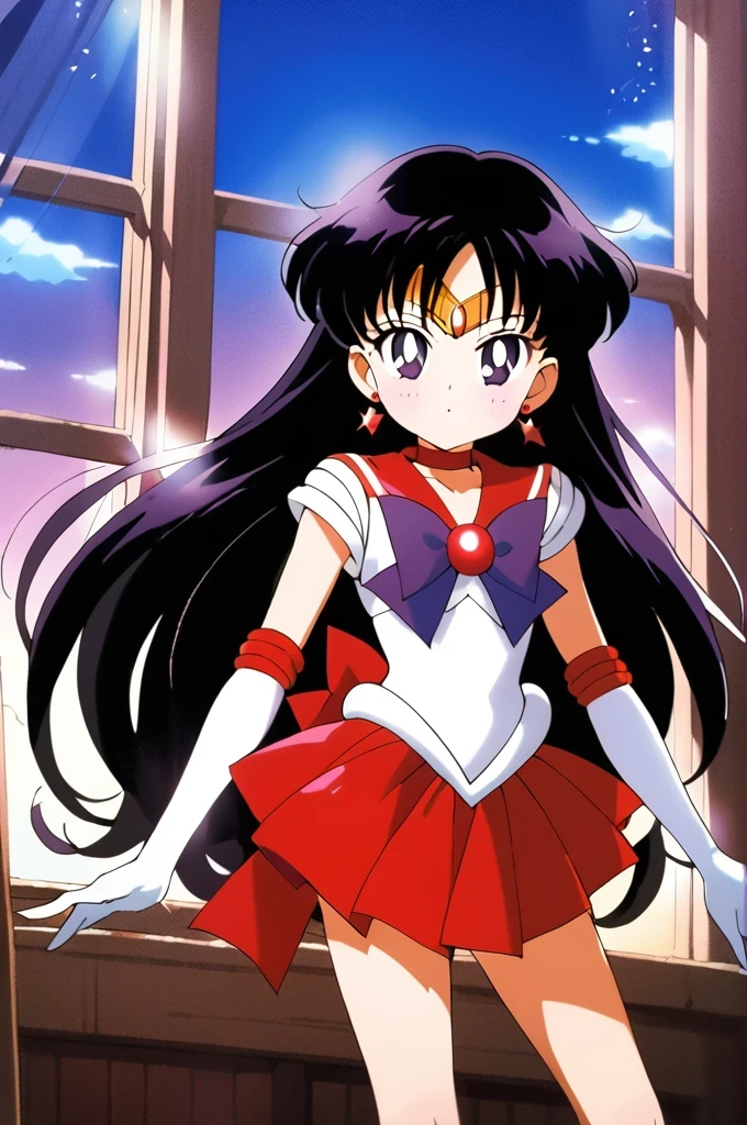 score_9, score_8_up, score_7_up, score_6_up, score_5_up, score_4_up, source_anime,
(masterpiece:1.3),(highest quality:1.4),(Super detailed:1.5),8k,High resolution,an extremely delicate and beautiful,Official Art,Perfect Anatomy,(anime_screencap:1.11),(90s anime,90s anime style,Cel-shaded anime:1.47),anime coloring,(1girl:1.5), ((:1.52)),
((aamars:1.52)), long hair, black hair, tiara, earrings, red choker, red sailor collar, purple bowtie, white shirt, elbow gloves, white gloves, pleated skirt, red skirt, bare legs