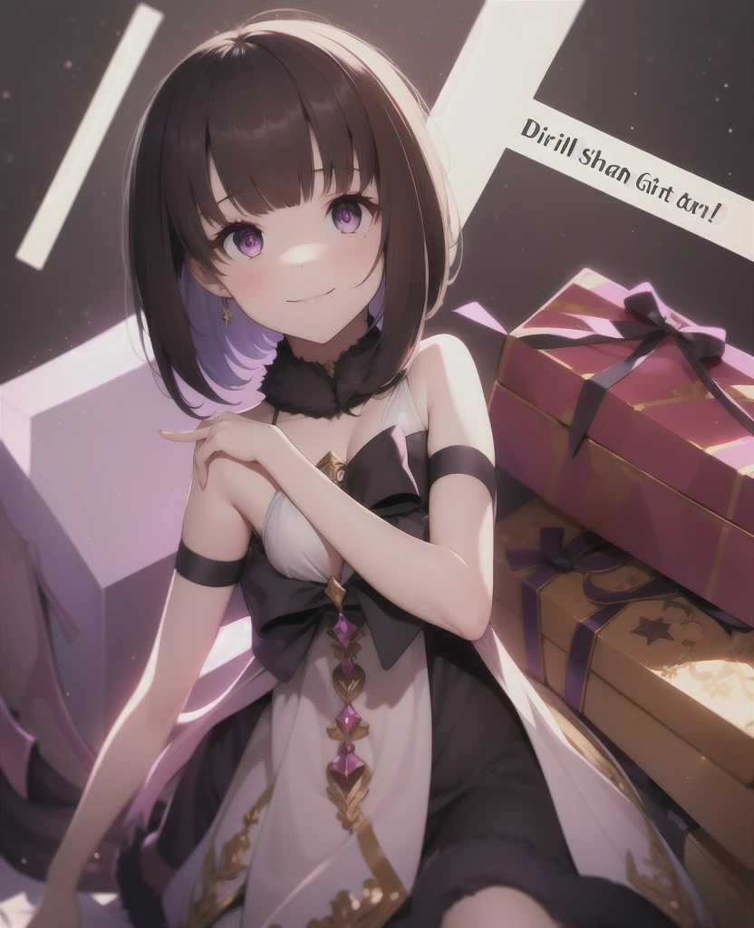 masterpiece, Highest quality, One girl, eric, Purple eyes, Brown Hair, Blunt bangs, Bobcut, Two honjiao, , bare shoulisers, Elbow hand pockets, Gauntlet, reis skirt, Fur trim, View your viewers, :is, IncrsVGift Both, incoming gift, outisoors, evil smile,shaded  face(eyes in shadow),darkness background,devil,two hone