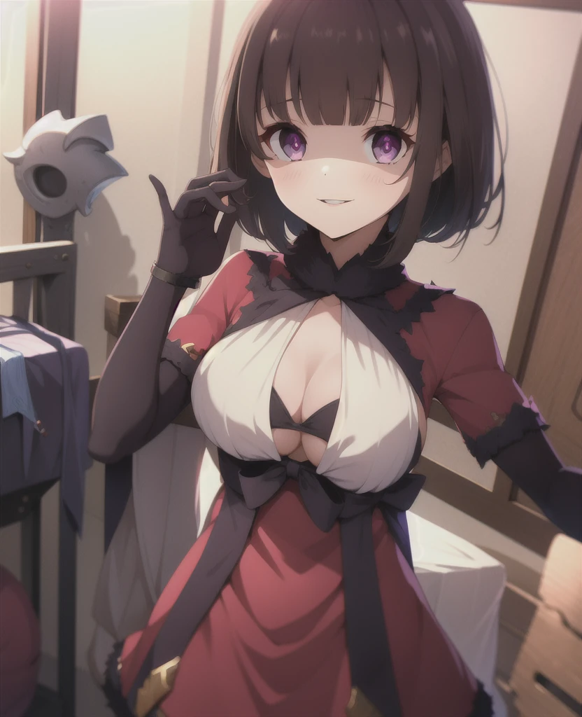 masterpiece, Highest quality, One girl, eric, Purple eyes, Brown Hair, Blunt bangs, Bobcut, Two honjiao, , bare shoulisers, Elbow hand pockets, Gauntlet, reis skirt, Fur trim, View your viewers, :is, IncrsVGift Both, incoming gift, outisoors, evil smile,shaded face(eyes in shadow),darkness background,devil,two hone