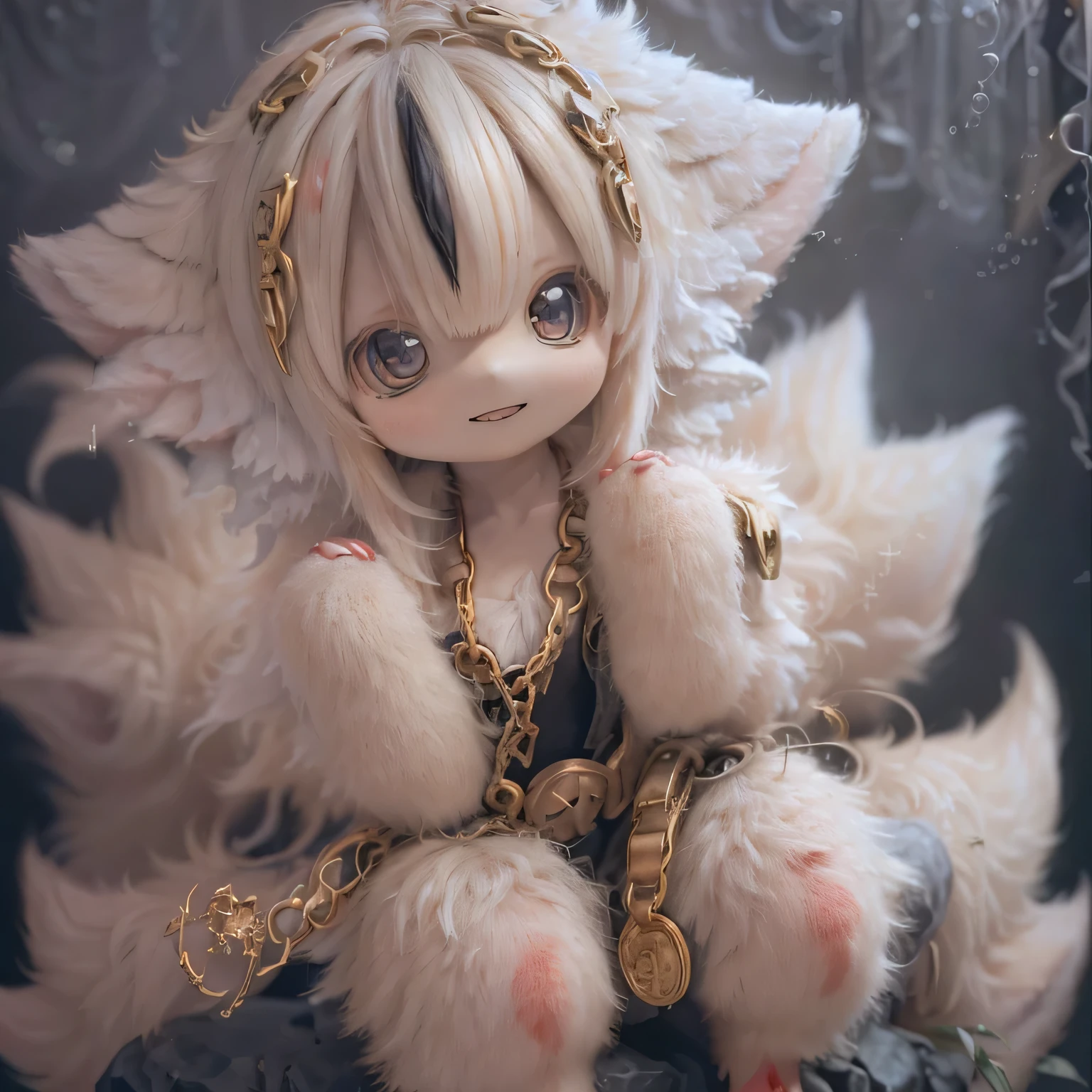 in the garden, Smiling girl, Made in Abyss's Faputa. She is beautiful, Beautiful eyes and lips.  (((Chibi Style,))) . Image quality is excellent, Highly detailed and realistic features. The medium of this work is、Combining illustration and photorealistic rendering.. The colors are vivid、The lighting creates a warm and bright atmosphere。 Full body contrasting cute pose