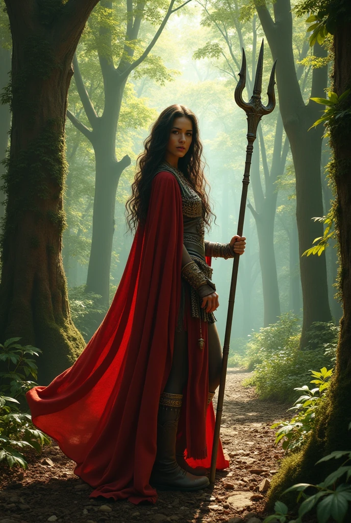 caveirinha with a trident in her left hand in the middle of the forest
