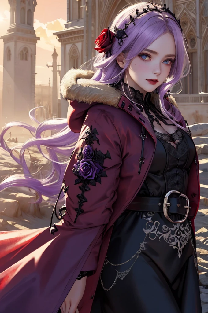((sand漠, sand, sand丘, Refraction Effect, sun)), (masterpiece, best quality), (1 girl), (alone), ((portrait)), perfect face, ((Heterochromia, Blonde and Purple Hair, ((Red Long Parka)), Gothic Unnecessary Belts Everywhere, mole under the eye)), the background is a beautiful sand漠 with cactus, Tumbleweed, Cinematic light, sunny day, dramatic lighting, Super detailed, 8k, watercolor, Delicate, Beautifully (Gothic Lace, Gothic Rose, Goethe's aesthetics)