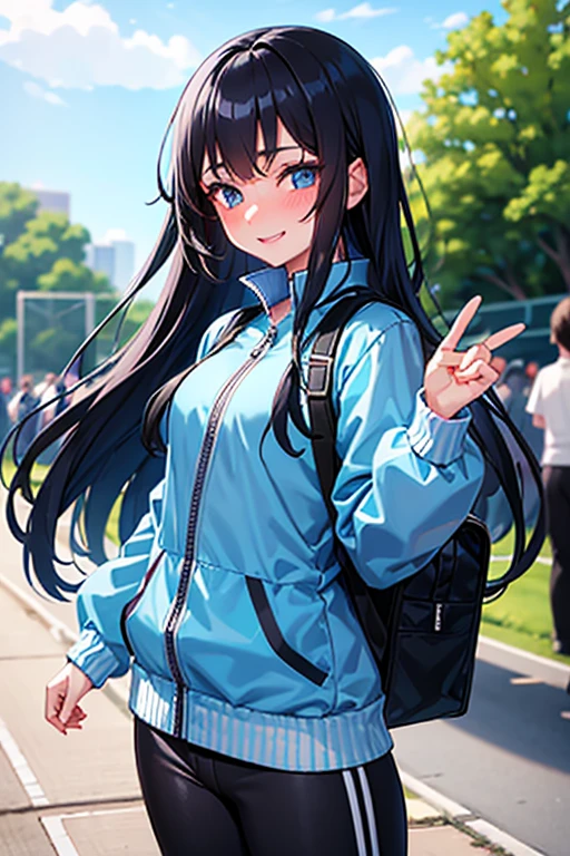 A high school girl with long black hair and blue eyes, wearing a long-sleeved blue windbreaker, black long pants, and a black backpack, is blushing and smiling sweetly while being cheered on by the crowd at the track and field event. She looks like an alluring idol of the track and field club.