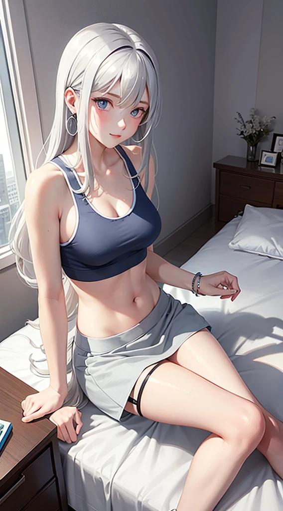 Character Details:, - Gender: 1 Girl.
- Style: Anime, - Body Type: Attractive body, nice body, nice legs, tights, nice arms, nice shoulders. - Breast: (Breast:1.2)- Facial Feature: Beautiful, Gorgeous, ager, Fresh, Young.
- Expression: Small smile, blush, shy Look, (blue pink eyes). - Hairstyle: Blunt Bangs. - Hair Color: (White Grey Hair:1.5), (Straight and Wavy Long Hair:1.3),
- Clothing: (Sporty Outer:1.4) (Tank Top:1.2) (White Skirt:1.2) (Stocking:1.2). - Body Pose: (Sitting:1.3) - Behaviour: Waiting, Want Something, Secretly.
- Accessories: Earrings, Thin Black Headband, Green Accessories, Environmental Details:, - Setting: Bed Room., - Lighting: Natural Light., - Decoration: Modern Bed, Chair, Window, White Curtain, City View. Top view. pov, anime style, UHD, retina, masterpiece, accurate, anatomically correct, textured skin. One Hand on cheek, one hand down.
