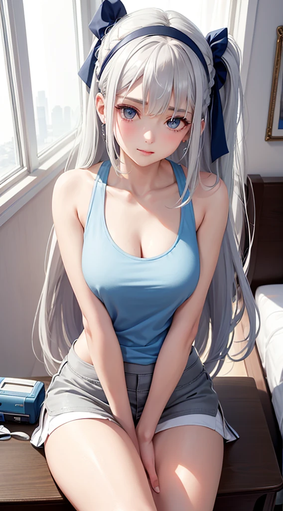 Character Details:, - Gender: 1 Girl. - Style: Anime, - Body Type: Attractive body, nice body, nice legs, tights, nice arms, nice shoulders. - Breast: (Breast:1.2)- Facial Feature: Beautiful, Gorgeous, ager, Fresh, Young. - Expression: Small smile, blush, shy Look, (blue pink eyes). - Hairstyle: Blunt Bangs. - Hair Color: (White Grey Hair:1.5), (Straight and Wavy Long Hair:1.3), - Clothing: (Sporty Outer:1.4) (Tank Top:1.2) (White Skirt:1.2) (Stocking:1.2). - Body Pose: (Sitting:1.3) - Behaviour: Waiting, Want Something, Secretly. - Accessories: Earrings, Thin Black Headband, Green Accessories, Environmental Details:, - Setting: Bed Room., - Lighting: Natural Light., - Decoration: Modern Bed, Chair, Window, White Curtain, City View. Top view. pov, anime style, UHD, retina, masterpiece, accurate, anatomically correct, textured skin. One Hand on cheek, one hand down.
