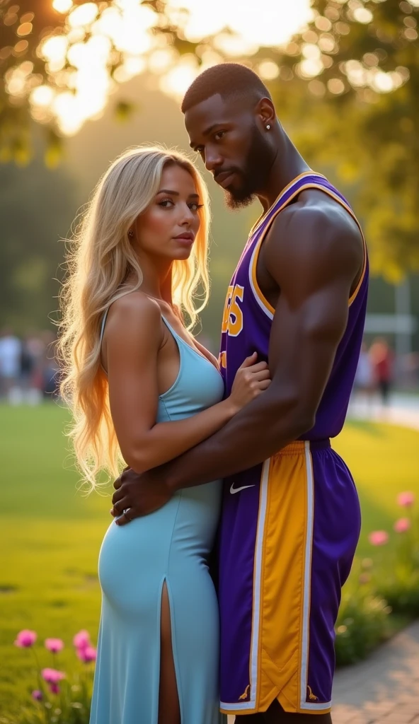 Magnificent detail, 8K Photos, hyper- realism, realistic background, visual depth, wide angle lens, professional light, all-body. photo by full body. Couple with a huge height difference, posing in front of the full-body photo. The woman's height is equal to the length from the man's foot to his belly. A 25 year old natural blonde woman, white, short 156cm tall, curvy body, perfect, rocking a light green set, She's wearing a cropped, decorated top and skirt, a tall black alpha male 214cm tall muscular black man, basketball player, who is shirtless, with a Lakers jersey draped over her shoulder, short dos laker. your immense penis, is easily perfect by the relief in your shorts, he doesn't seem to be wearing underwear. He has strong arms. public park