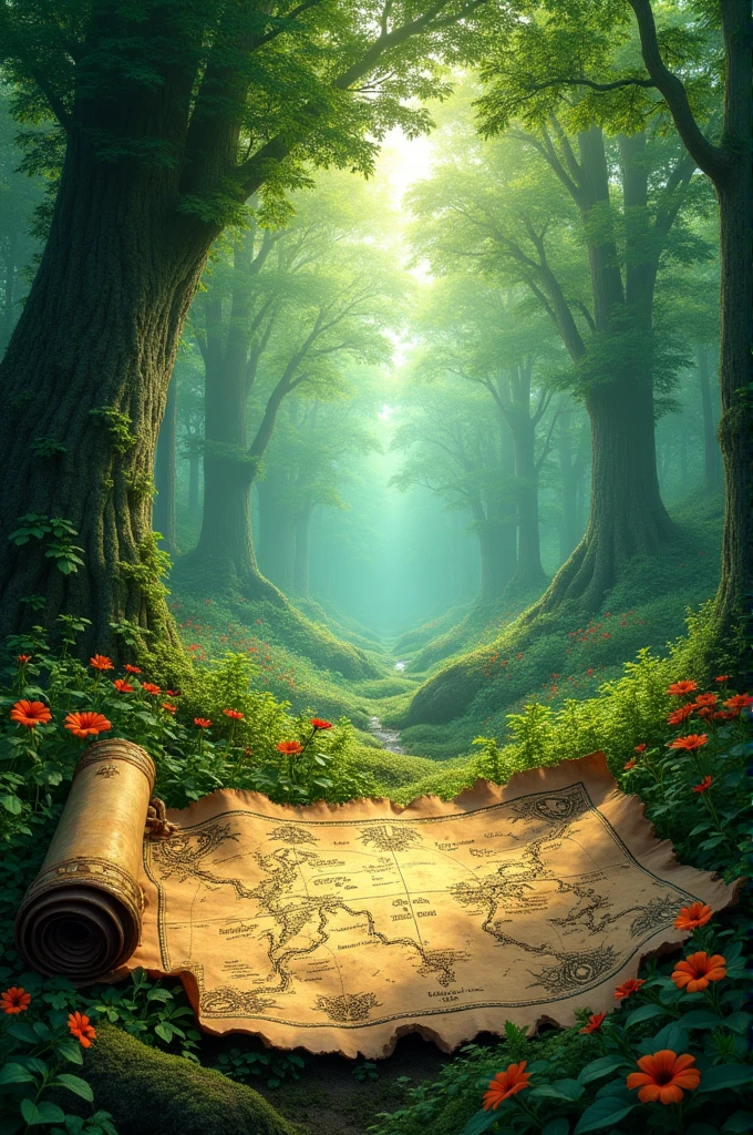 The treasure map is in the middle of the big forest.