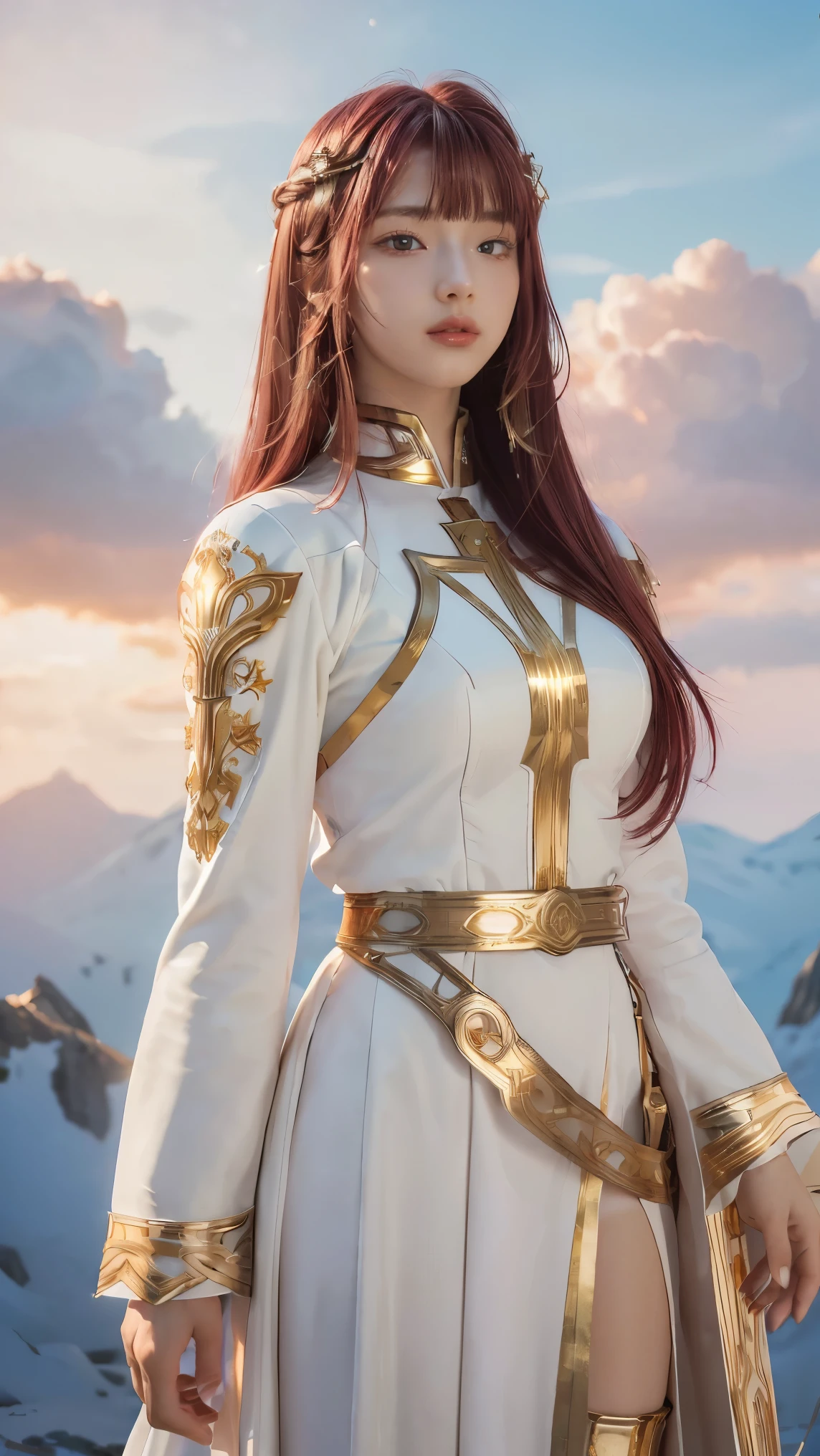 ((masterpiece, best quality, extremely detailed), volumetric lighting, ambient occlusion, colorful, glowing), 1girl, solo, young girl, (maroon hair with bangs), long hair, halo, aura, sacred, goddess, cleric suit, (white outfit with gold detailst:1.3), armor, outdoors, sunset, sky, clouds, space, (fantasy theme:1.2),