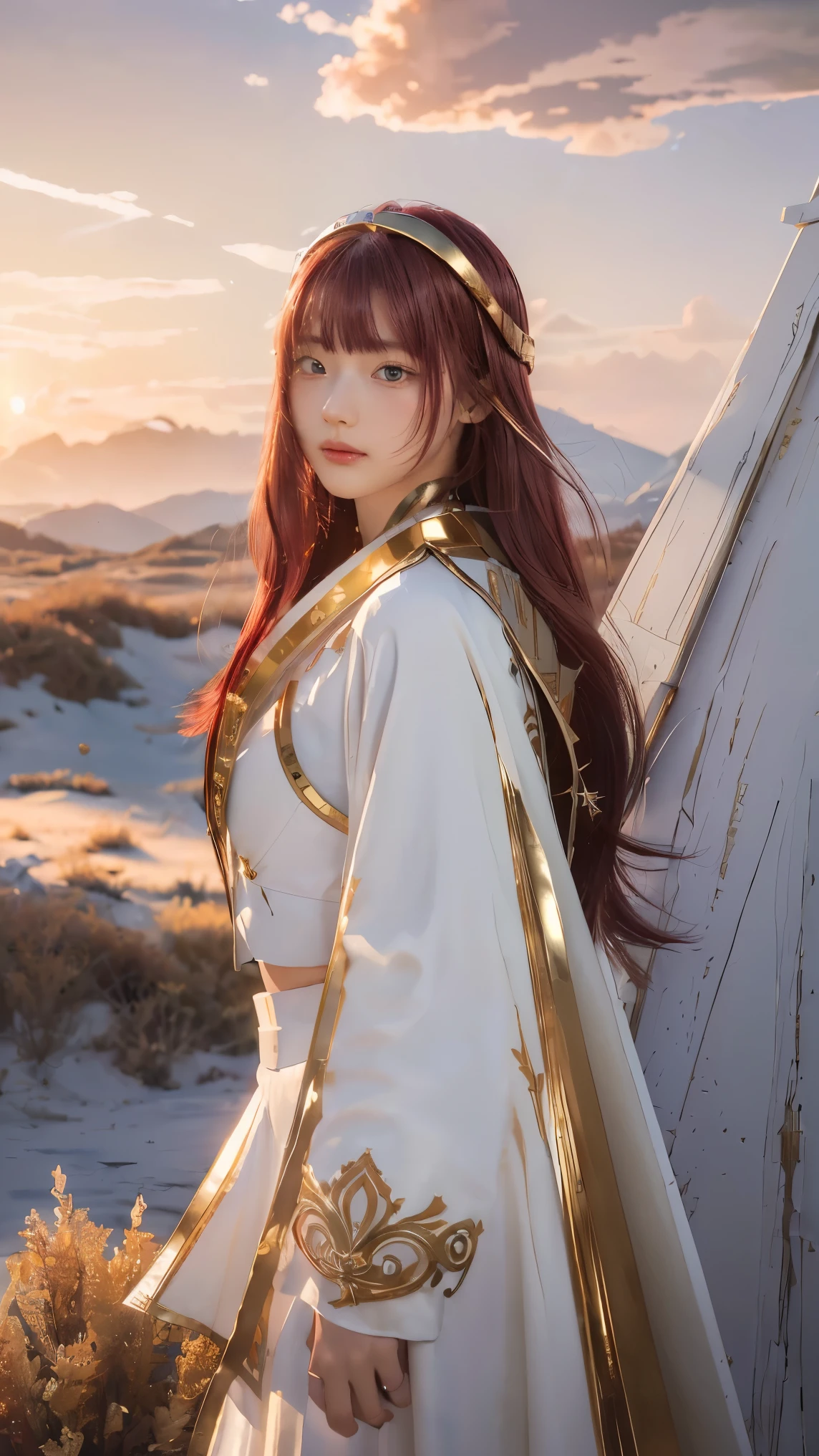 ((masterpiece, best quality, extremely detailed), volumetric lighting, ambient occlusion, colorful, glowing), 1girl, solo, young girl, (maroon hair with bangs), long hair, halo, aura, sacred, goddess, cleric suit, (white outfit with gold detailst:1.3), armor, outdoors, sunset, sky, clouds, space, (fantasy theme:1.2),