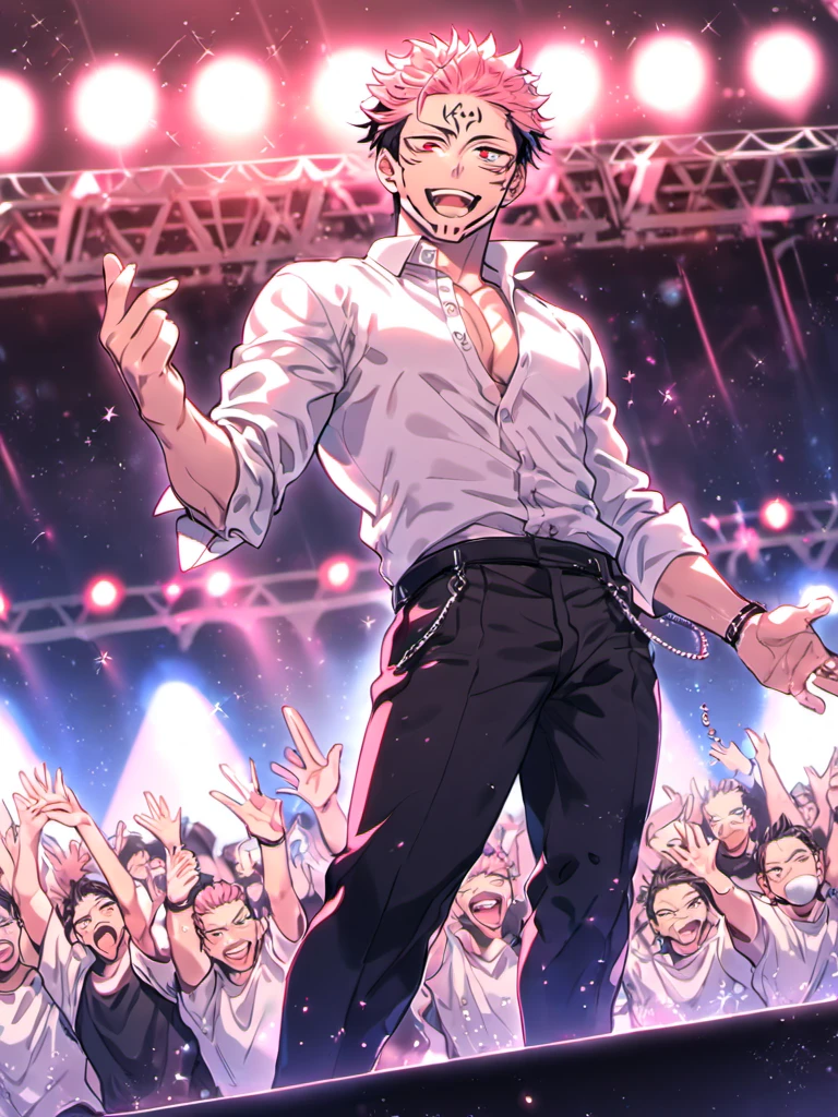 Ultra detailed, HDR, Highres, absurdres, masterpiece, best quality, solo focus, Ryoumen Sukuna, pink hair, expressive red eyes, white large shirt, black pants, Jujutsu Kaisen, sexy man, handsome, stage, concert, handsome, sensual, glittering, solo, manly man
