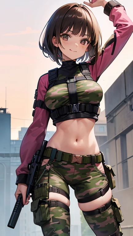 woman, skinny, Tight waist, freckles, Brown eyes, Brown Hair, Twin Blade, Medium hair with blunt bangs, army, Long sleeve crop top, Large Breasts, Combat helmet, smile, Sticking out tongue, masterpiece, cute, String, Pink camouflage, Pink camouflage pants, Pause, Harness, holster, Thigh-high girl