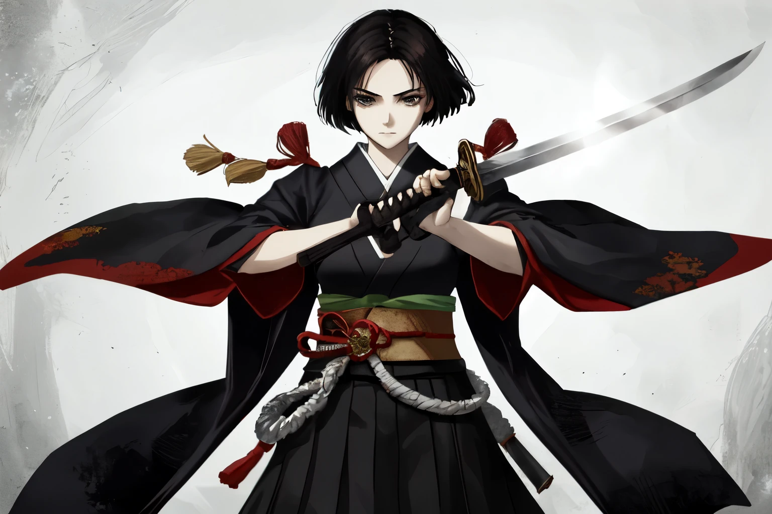 Japanese Sengoku period, Japanese anime, beautiful girl high school student, short hair, black hair, strongest, Japanese sword, alone, black clothes