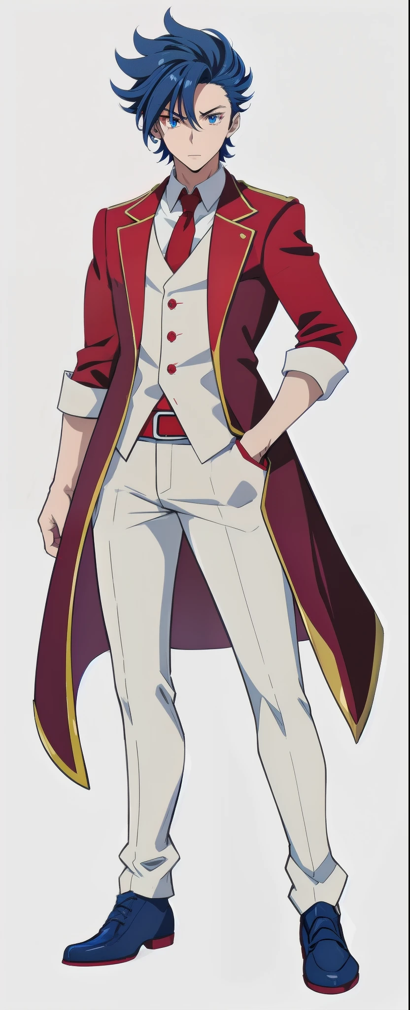 anime boy, dark blue hair, blue eyes, red suit, red coat, white sleeves, simple grey background, (beautiful and aesthetic:1. 5), thick black lineart, clean lineart, perfect lineart, sharp lineart, best quality, high quality, best quality, ultra-detailed, HD, beautiful lighting, 