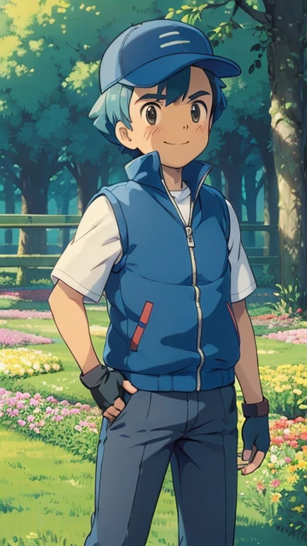 (1boy, solo, highly insanely detailed, masterpiece, top quality, best quality, highres, 4k, 8k, RAW photo),((innocent look)),((Childish)),From the front, symmetrical composition,smile,cute,Innocent,Kind eyes, StudioGhibliStyleHMC, forest, pokemonketchum, smile, looking at viewer, baseball cap, blue jacket, sleeveless jacket, shirt, short sleeves, pants, fingerless gloves,