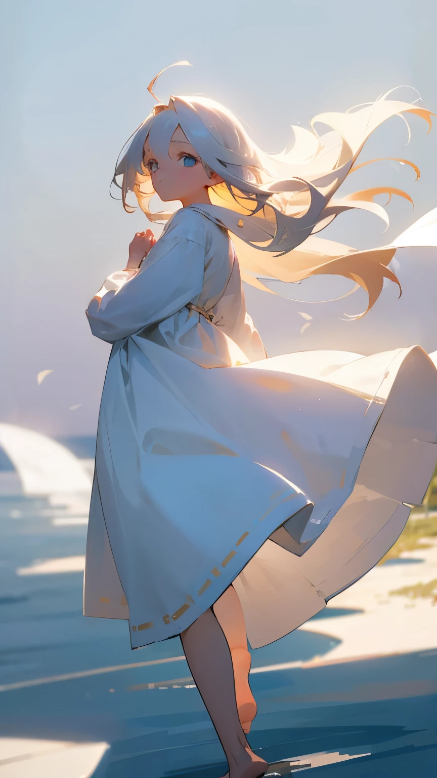 The scene of a barefoot woman in a pure white dress holding back her windblown hair and gazing at the viewer with beautiful eyes on a calm evening with a spring breeze blowing is one that perfectly expresses a feeling of a beautiful miracle.