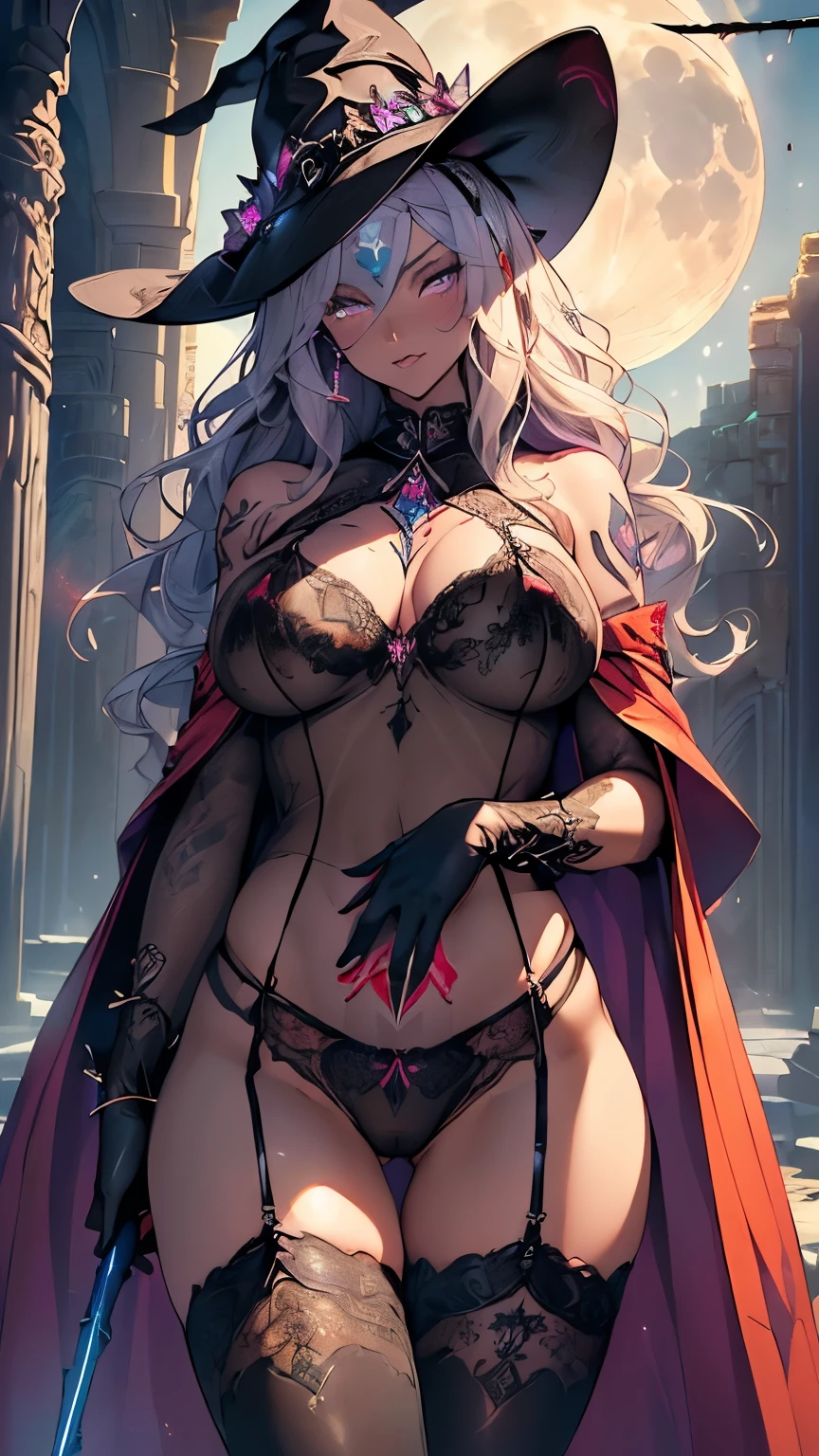 High quality, Ultra detailed, best quality, insanely detailed, beautiful, masterpiece、((Mystical Moon:1.3)、Magic Light、ancient ruins、Fantastic night world)、(Holding a huge, shiny, long staff:1.3)、Blonde Wavy Hair、Witch Hat、((Black see-through y lingerie:1.5)、(Purple Cape)、garter belt、Purple knee-high socks、Black Gloves、Black boots)、((Huge bre5)、Underboob、Sideboob、(glamorous、Absolute area、Camel toe、ghs、Wide Hips、curve)、Revealing outfit、NSFW)、(Slut、Bitch、Tigress、Prost)、(A blue glow on the thigh:1.5)、(Red glowing crotch tattoo:1.5)、Shooting from below、
