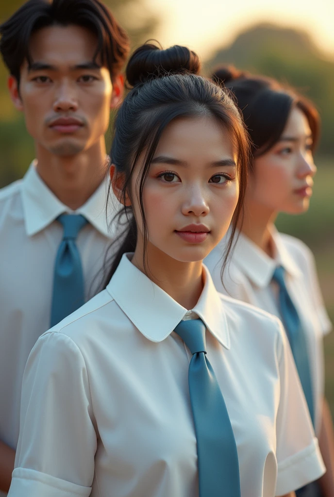 (Masterpiece), (very complicated:1.3), (realistic),Portrait of a young woman 18 years old, Thai face, The most beautiful in the world,Long black hair tied up, (White long-sleeved shirt with a light blue tie) ,Portrait of a young woman,Age 15-16 years, Thai face, The most beautiful in the world,black short hair , (White short-sleeved shirt with a light blue tie), A portrait of a man, 18 years old, Thai face, The most handsome in the world,black hair, (White long-sleeved shirt with a light blue tie) , outdoor, weak sunlight, ภาพถ่ายมืออาชีพของผู้หญิงที่Amazingอย่างละเอียด, Sharp focus, Amazing, won, movie light, Octane makes the engine unreal., Volume dtx, (Film texture, blurred background, The foreground is blurry., Bokeh, depth of field, sunset, Motion blurred image:1.3)