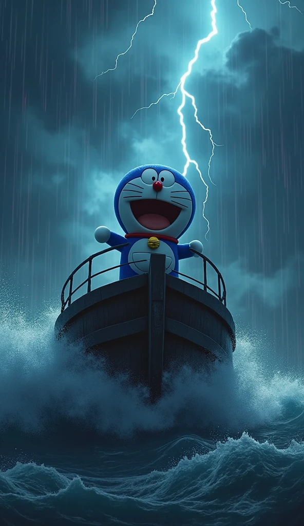 Image of Captain Doraemon with a scared face driving a ship on the sea, the weather started to rain heavily, lightning, dark clouds, Raging waves  , rain wet  
3d 4k image sharp 