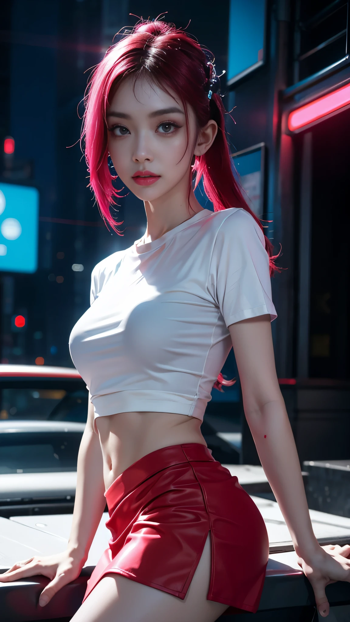 8k, UHD, masterpiece, 1 girl, ((good face)), very long hair, light makeup, (white skin:1.2), detailed eyes, detailed lips, small bust, simple cyberpunk clothing, ((neon red t-shirt)), ((neon mini skirt)), (cyberpunk lighting:1.4), ((building)), light effect, light reflection, cyberpunk, cybercity, futuristic, (night), ray tracing, bloom, perfect pose, sitting,