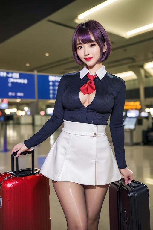 Highest quality，Ultra HD，(((whole body,with legs)))、(((Japanese flight attendant uniform 1.6))), (((Red striped tie, Tight Skirt，best-dressed uniform、Tekast, white formal short gloves,(黒のHigh heels), ((holding a mini microphone)),Japan CA，A small smile,白いTight blouse)))、((navy bowler hat 1.4)), White gloves, High heels、(Realistic:1.urreal:1.4)、(Realistic:1.3)、 (Gentle lighting: 1.05)、32K、 One Woman、35-year-old woman、Realistic Lighting、Backlight、Facial Light、Ray Tracing、(bright:1.2)、(Improvement of quality:1.4)、 (Highest qualityのリアルテクスチャスキン)、Beautiful Eyes,delicate and elegant features, White blouse,Tight blouse,tight best-dressed uniform, (Show your body line beautifully:1.1),((Glowing Skin 1.4))、(bob with purple hair 1.5)),Korean Idol、Idol Pose、A small smile,blush,Beautiful actress、A proper woman,whole body, (((Small breasts))),( teeth alignment),narrow waist and hips,Beautiful feet,Full Shot)、(((charm、Embarrassing))),(eye shadow),((Red cheeks、Red lips)),Very beautiful night view、At night,A small smile,(((Full Shot)))、(((airport kground 1.5))),