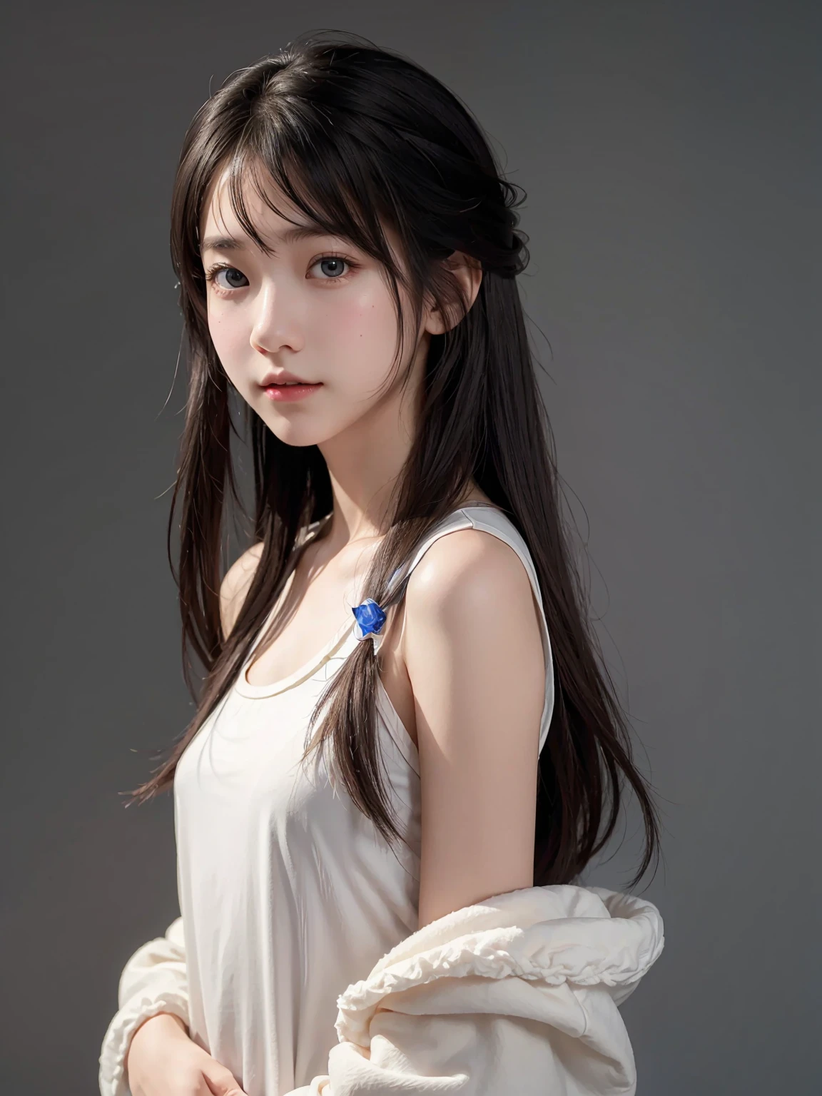 1girl, long hair, White top, (isolated on dark-grey background:1.2), from front, standing, (soft lighting:1.2), shot on Canon EOS 5D, BREAK
(upper body:1.2), , best quality, ultra high res, (photorealistic:1.4), masterpiece, real life skin, hyper real, perspective, detailed beautiful eyes and detailed face,