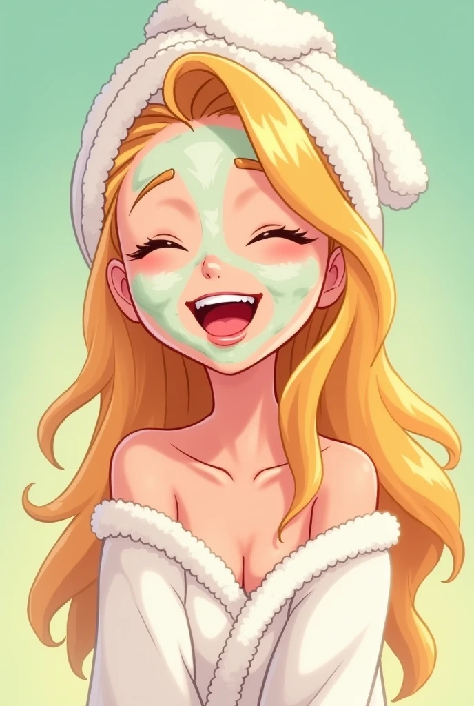 A cartoon style character with visible blonde hair, partially held in a white towel. She is applying a clay face mask, smiling with eyes closed. Wearing a white bathrobe and the background can be pastel toned, like mint green or light yellow.