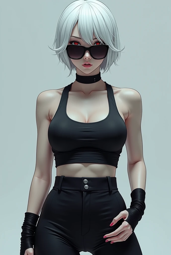### Aiko Hozizor's appearance (anton):
**Everyday look:**
- **hair:** Short, snow-white hair, shoulder-length and usually pulled back into a neat bun at the back of the head. The appearance of the hair is neat and thoughtful, emphasizing its organization and rigor.
- **eyes:** red pupils, which she hides behind sunglasses, giving it a mysterious look. The glasses emphasize her serious and slightly aloof image..
- **Height and build:** high (180 cm) and slim, with a toned, but with a feminine build. Her body combines grace and strength., which allows it to be flexible, but at the same time physically powerful.
- **skin:** Snow-white, with a slight cool tint, which adds even more mystery to her.
- **Figure:** She has impressive curves. (chest - about 95 cm, hips - about 98 cm), but her physique remains proportional and athletic. Her curves highlight her femininity and attractiveness..
- **hands:** At first glance, her arms may appear a little wider., than other girls, but under stress it becomes obvious, what are these muscles, testifying to its power.
- **brushes:** Both wrists are bandaged, which may indicate her passion for martial arts. It also gives her a more stern and warlike look..
- **makeup:** Light makeup, highlighting her natural beauty. The main emphasis is on the eyes and lips, creating a contrast between the cold exterior and inner strength.