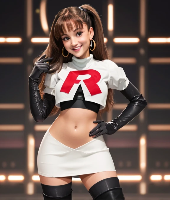 The face of Ariana Grande, 1girl, solo, Team rocket, team rocket uniform, red letter R, white skirt,white crop top,black thigh-high boots, black elbow gloves, earrings, large breasts, sexy pose, smile