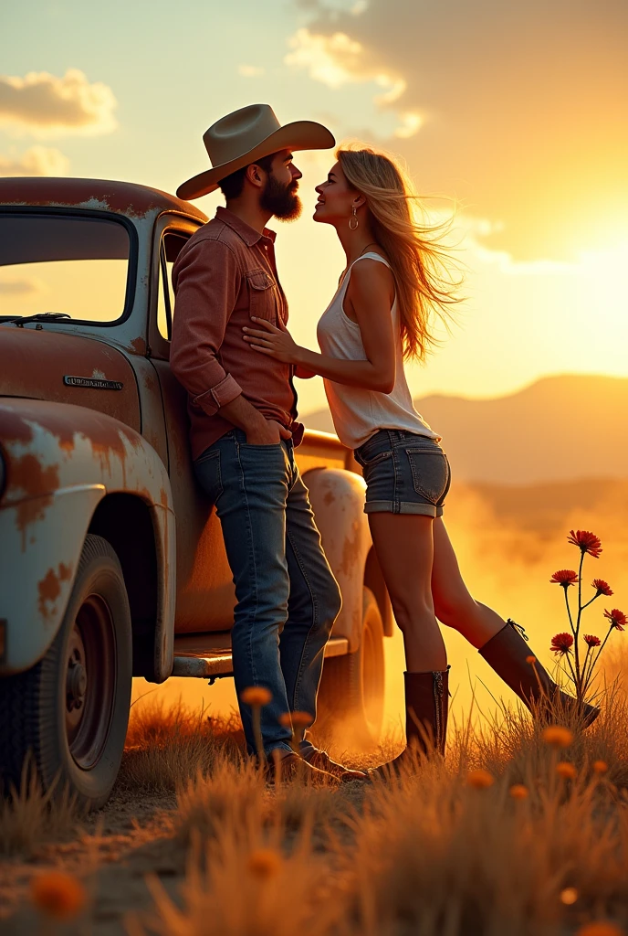 a bottle of drink with an image on the label of a cowboy sitting in the back of a pickup truck kissing a cowgirl while she holds a horse by the reins